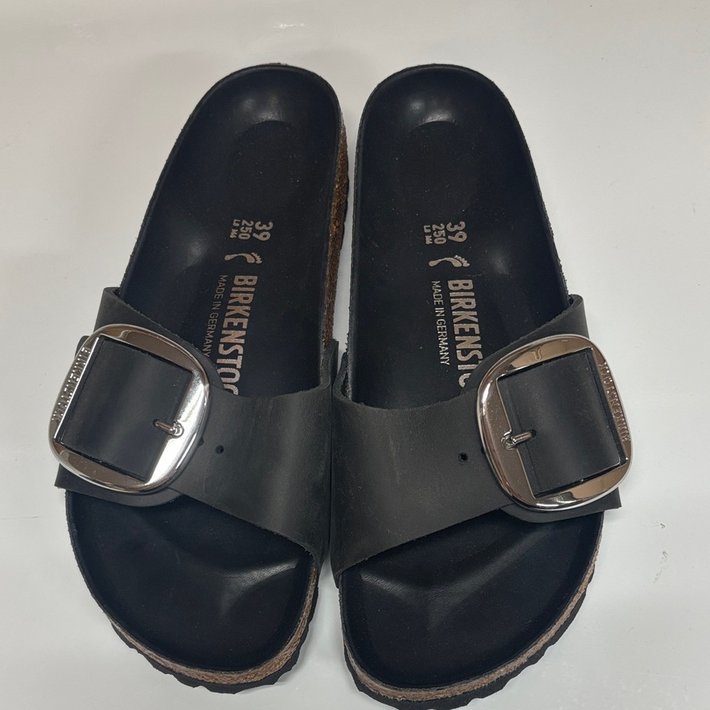 Birkenstock Black Slides with Metallic Buckle